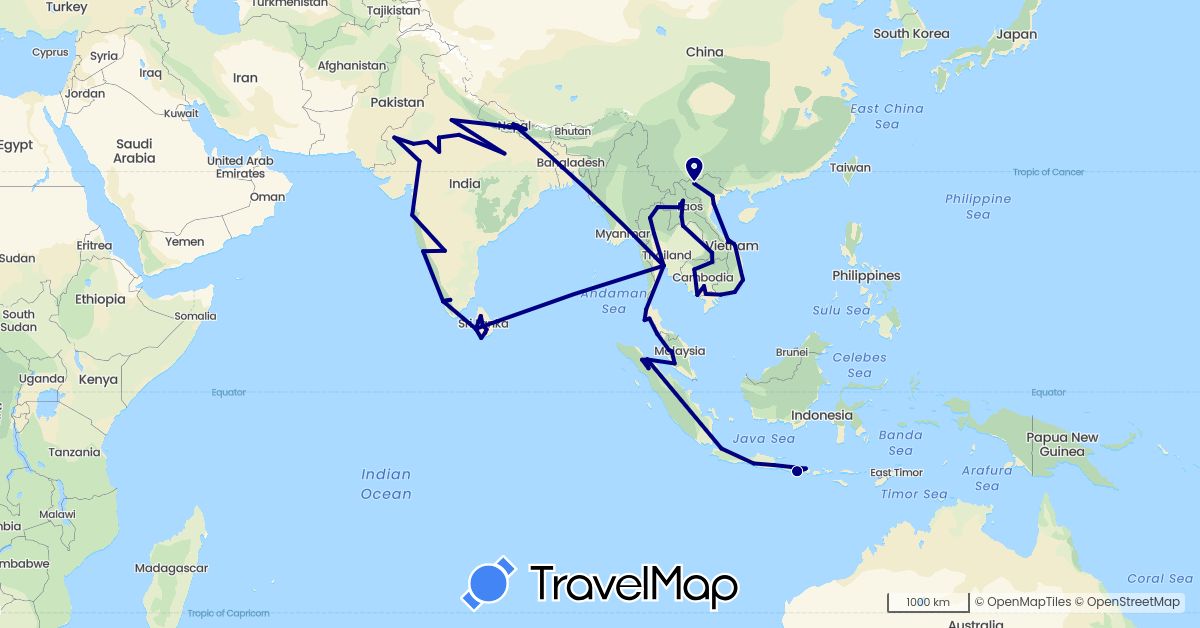TravelMap itinerary: driving in Indonesia, India, Cambodia, Laos, Sri Lanka, Malaysia, Nepal, Thailand, Vietnam (Asia)